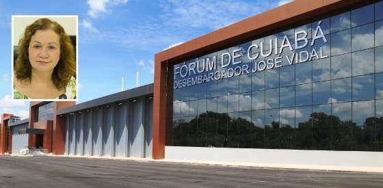 Fachada do Fórum de Cuiabá e a juíza Maria Rosi Borba em destaque